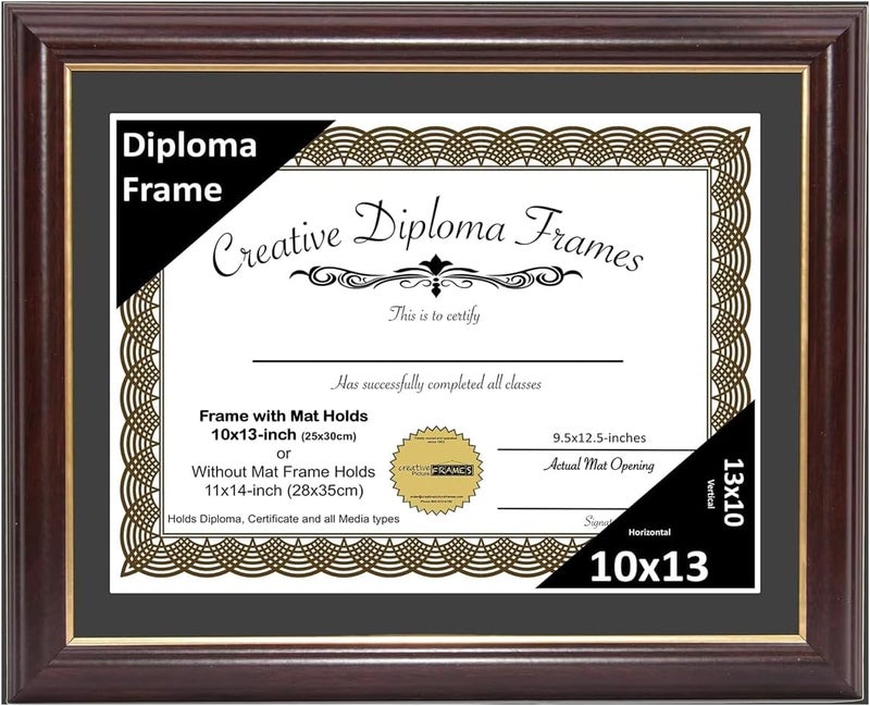 Creative Picture Frames 10x13 Mahogany Gold Rim Diploma Frame with Black Mat Glass Easel and Installed Wall Hangers | Frame Holds 11x14 Media without Mat - Image 1